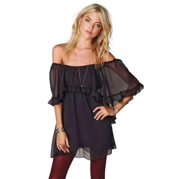 Free People Ruffled Off Shoulder Whimsygoth Babydoll Dress Women's sz S Black - Picture 1 of 9